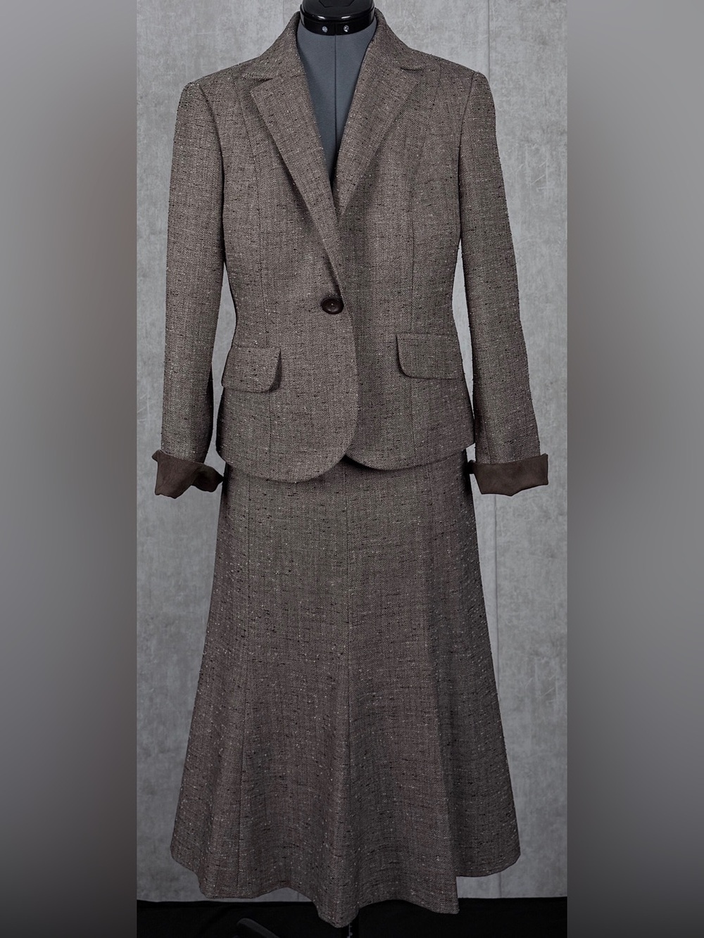 Kasper Petite 8P Brown Tweed Herringbone 2 Pc Skirt Suit Set Blazer Midi Flare